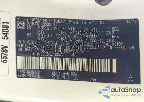 2012 Toyota Sienna Xle V6 8 Passenger from USA, damaged, VIN 5TDYK3DC5CS218522